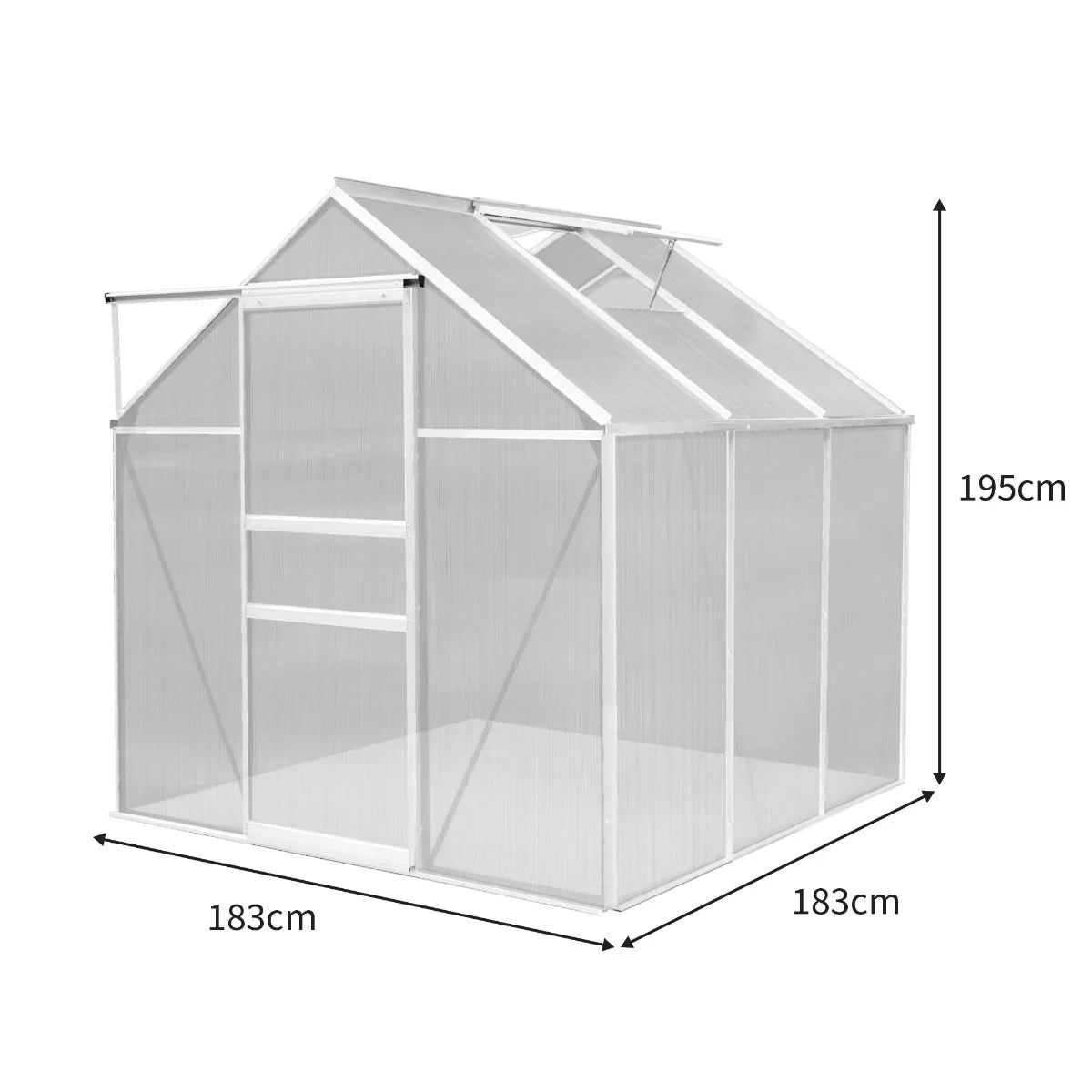 Silver polycarbonate greenhouse measuring 6ft x 6ft, featuring a sturdy frame, slanted roof, and transparent panels for optimal sunlight