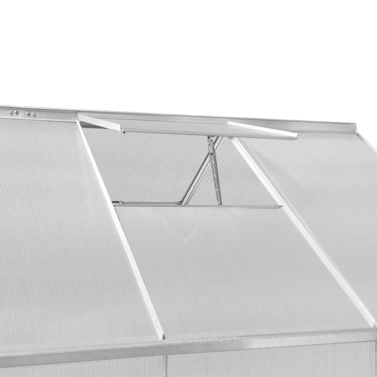 Silver polycarbonate greenhouse with a vented roof, showcasing a sleek design and durable, weather-resistant materials