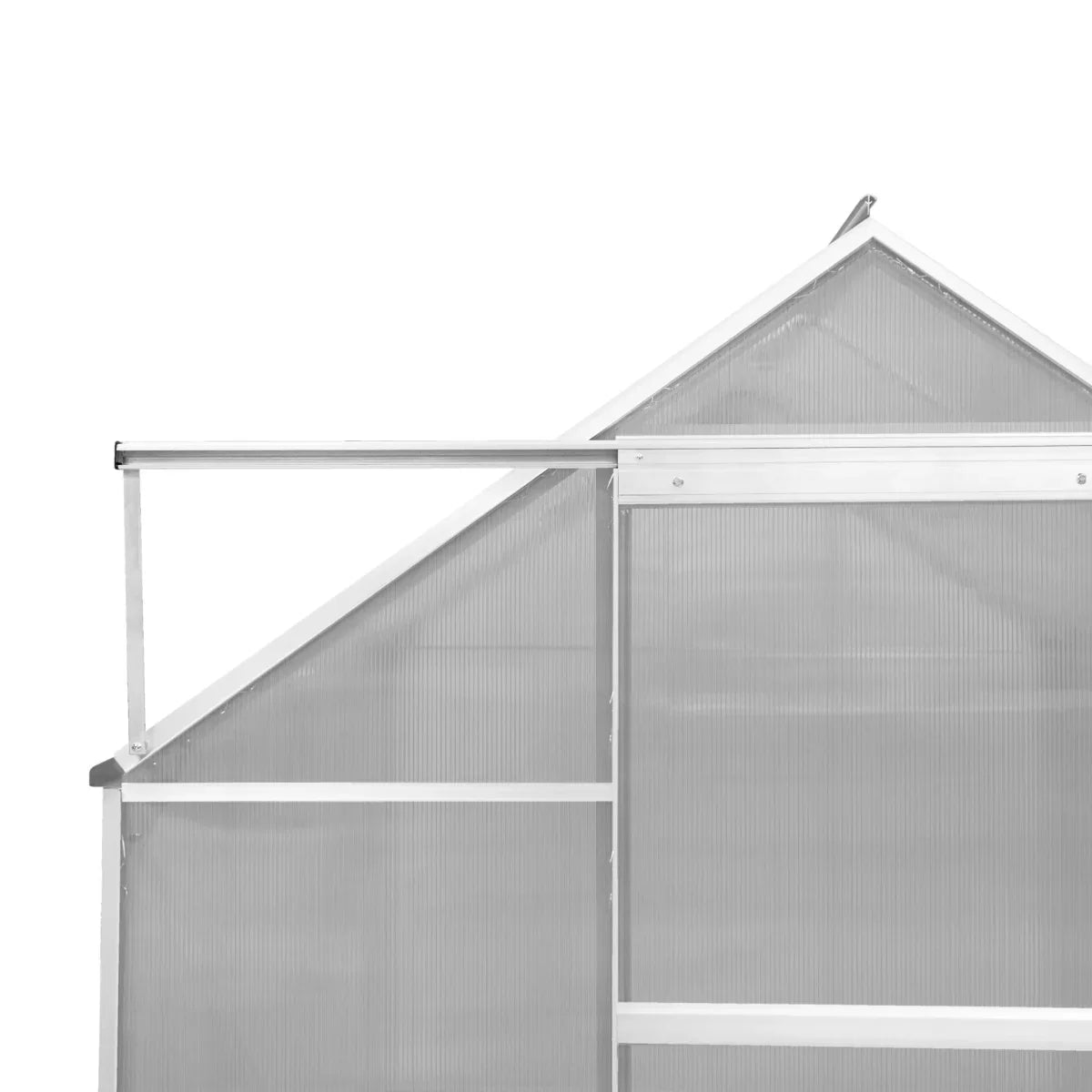 Silver polycarbonate greenhouse with a peaked roof, featuring transparent panels and sturdy aluminum framing, ideal for gardening