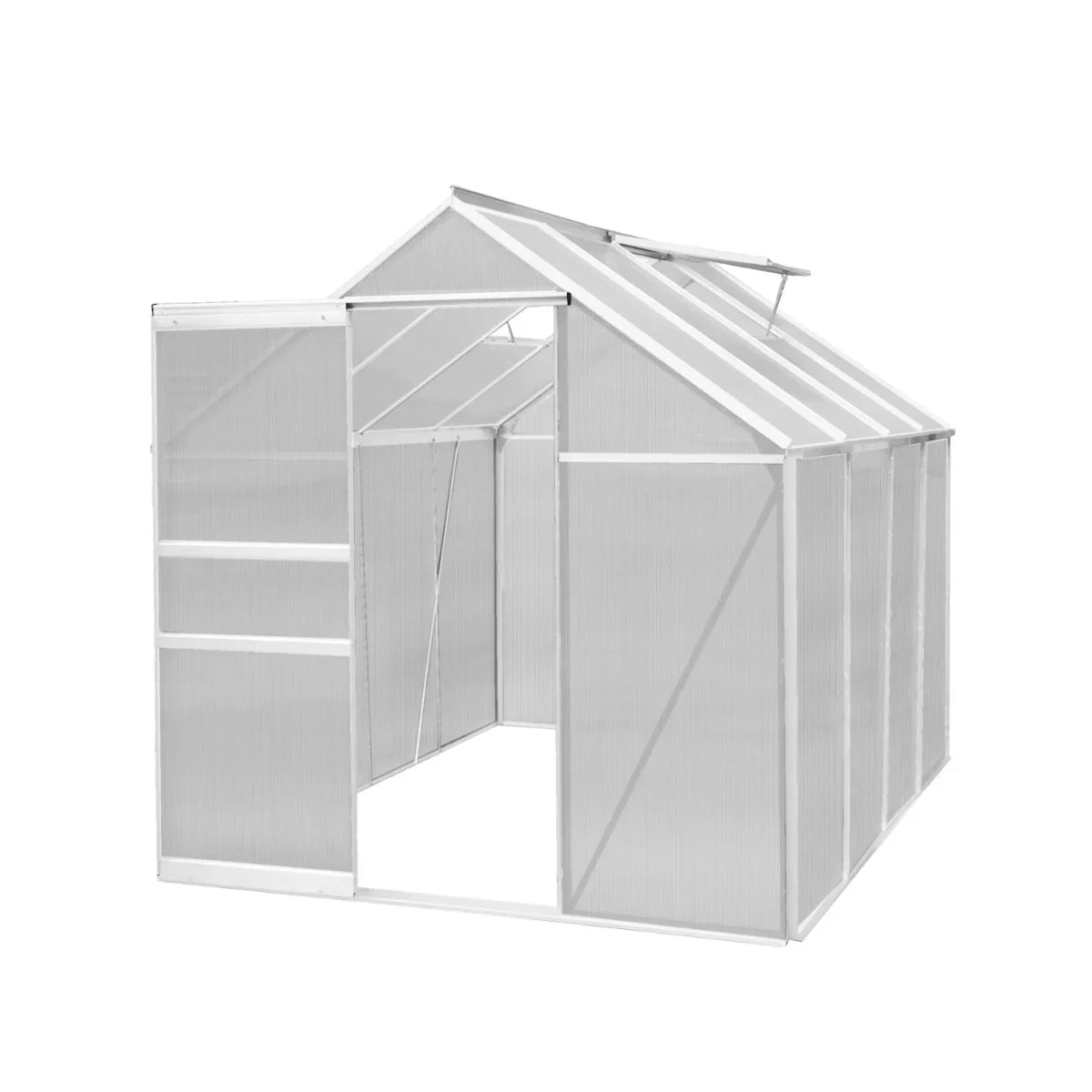 Silver polycarbonate greenhouse measuring 6ft x 8ft, featuring a sturdy frame, transparent panels, and double doors for easy access