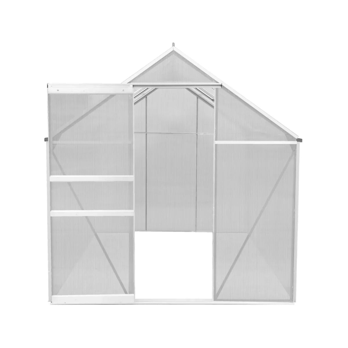 Silver polycarbonate greenhouse measuring 6ft x 8ft, featuring a spacious interior, double doors, and sturdy frame for durability