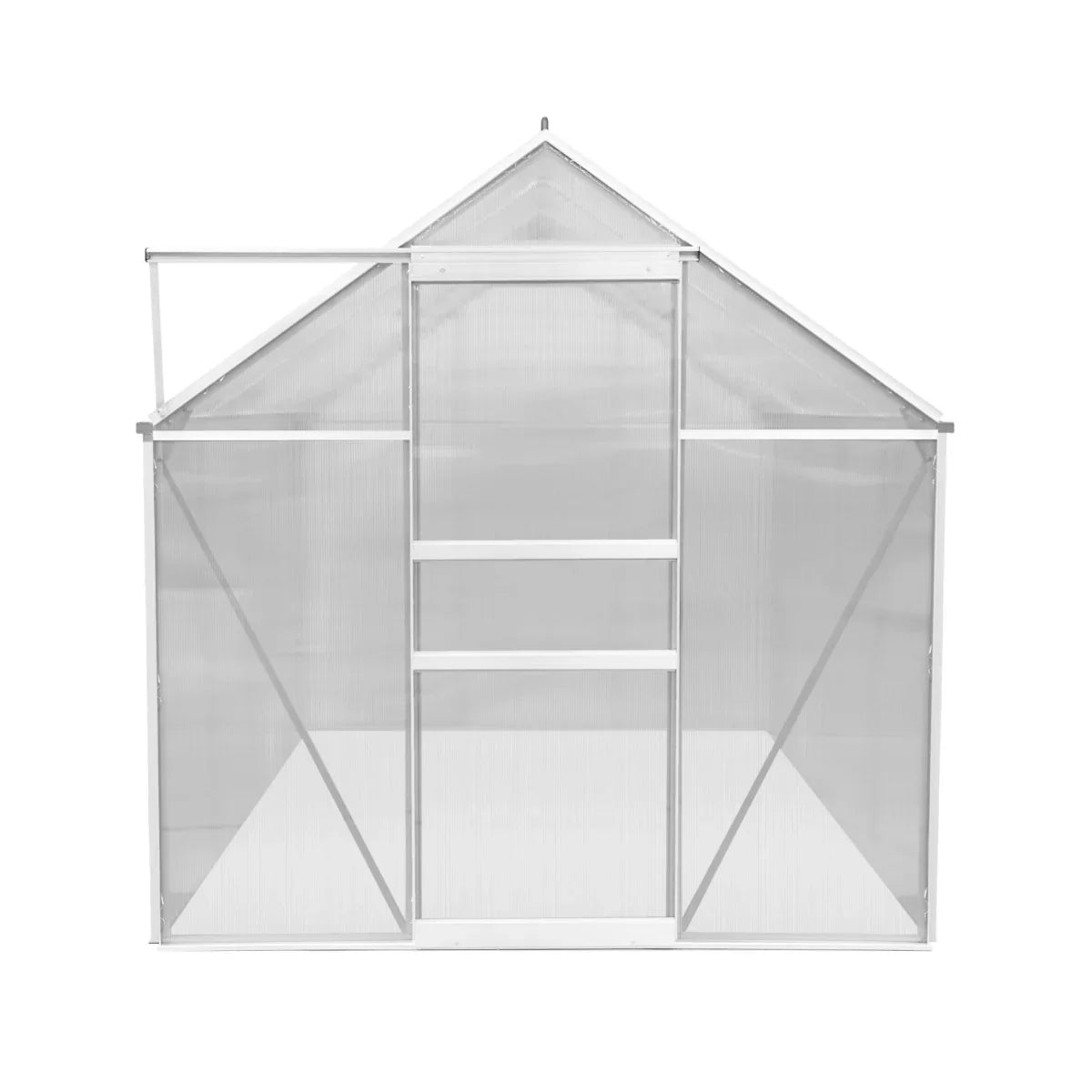 Silver polycarbonate greenhouse measuring 6ft x 8ft, featuring a sturdy frame, transparent panels, and a sloped roof design