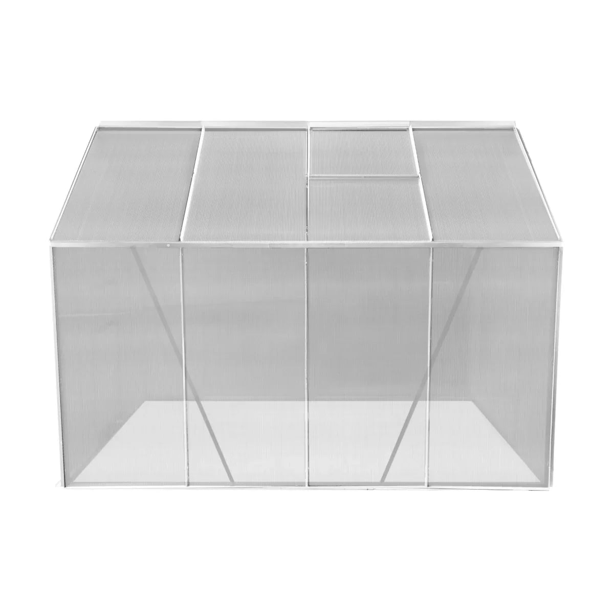 Silver polycarbonate greenhouse measuring 6ft x 8ft, featuring a sturdy frame and translucent panels for optimal sunlight exposure