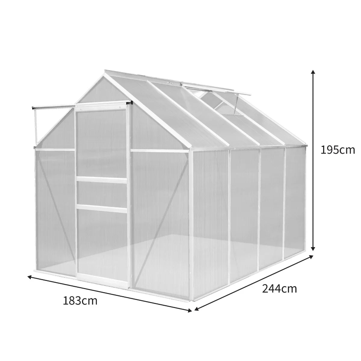 Silver polycarbonate greenhouse measuring 6ft x 8ft, featuring a sturdy frame, transparent panels, and roof vents for ventilation