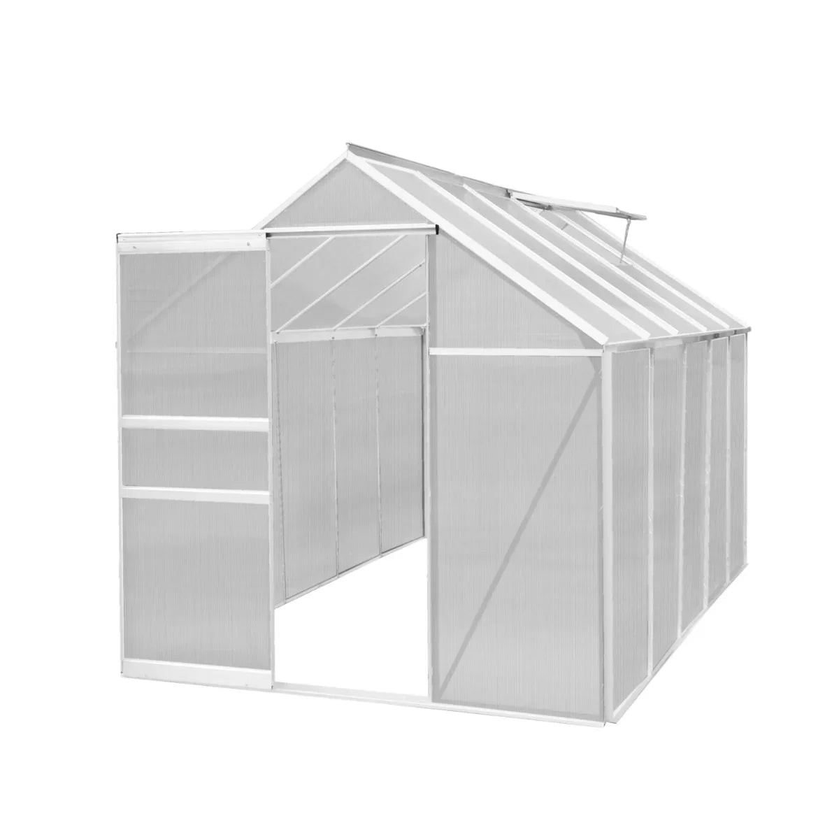 Silver polycarbonate greenhouse measuring 6ft x 10ft, featuring a sturdy frame, transparent panels, and a spacious interior design