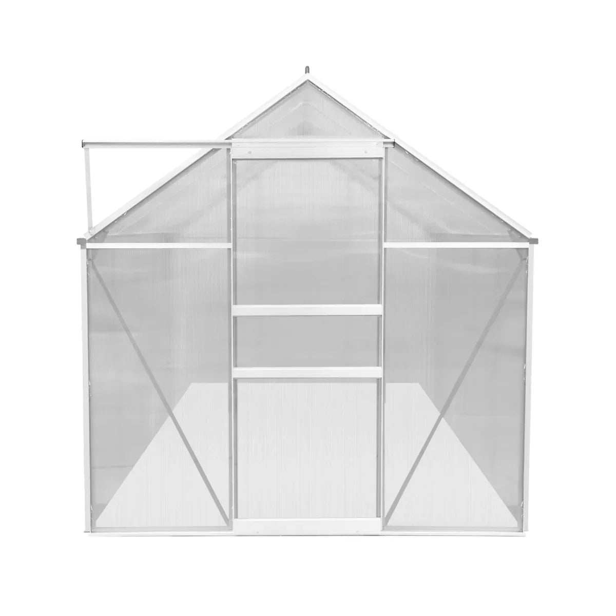 Silver polycarbonate greenhouse measuring 6ft x 10ft, featuring a sturdy frame, transparent panels, and a peaked roof design