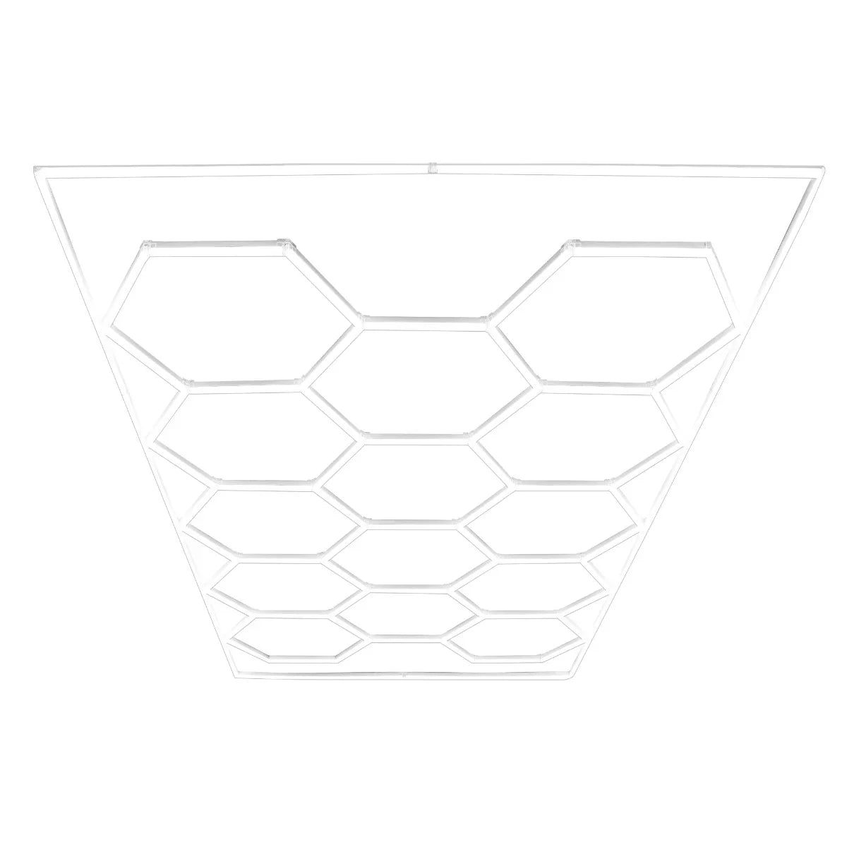 Hexagon LED lighting fixture with a modern white frame, featuring 14 interconnected hexagonal shapes for a stylish ceiling design