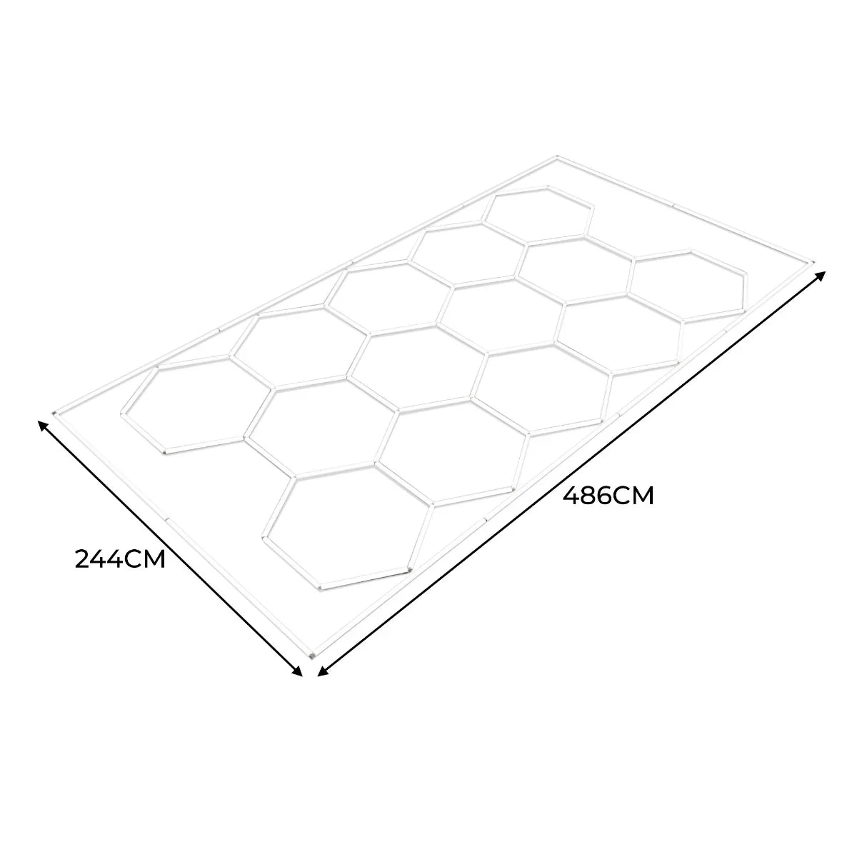 Hexagon LED lighting layout with 14 hexagonal panels, dimensions 486cm x 244cm, showcasing a sleek, modern design for ambient illumination