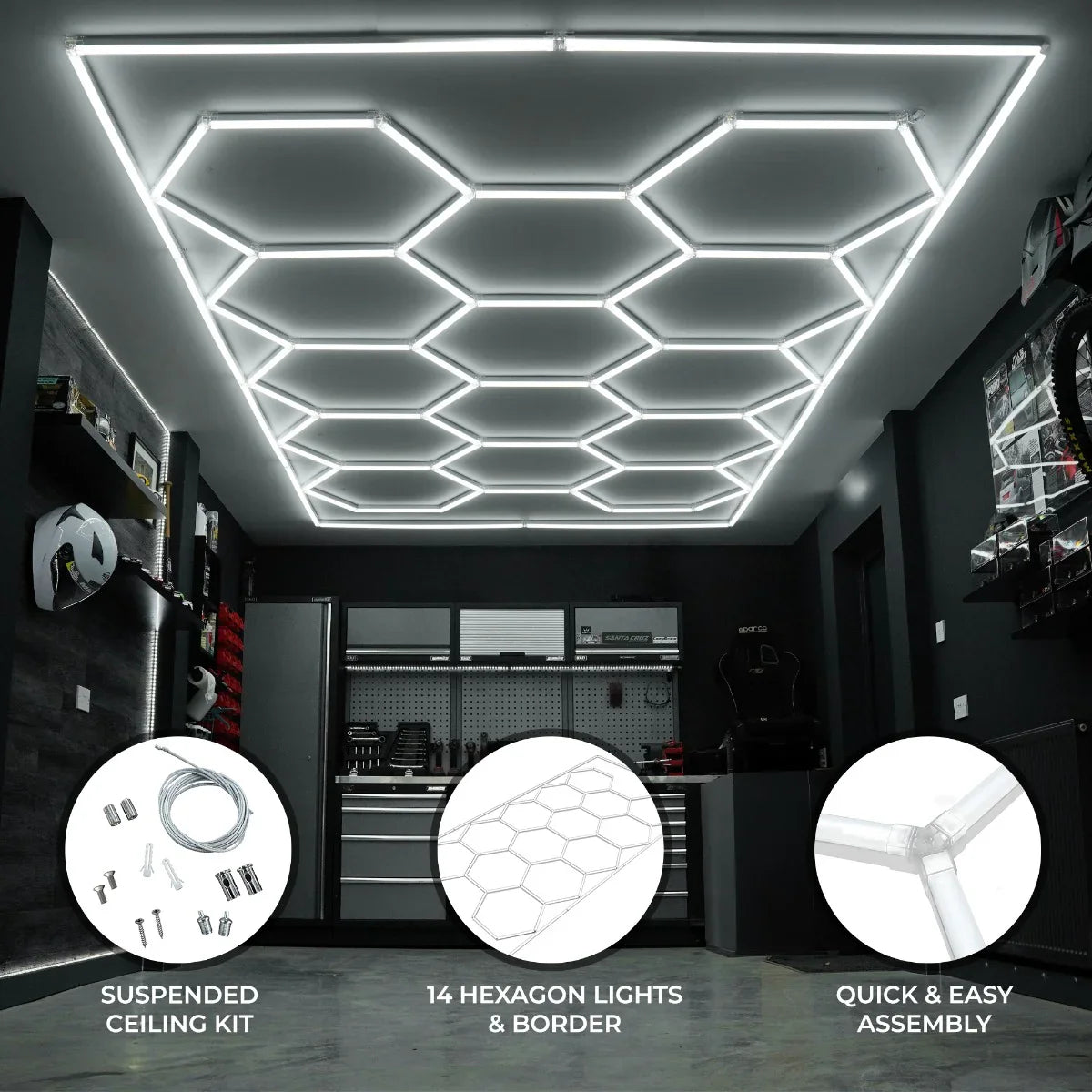 Hexagon LED lighting kit featuring 14 sleek, white lights with a modern design, ideal for stylish ceiling installations