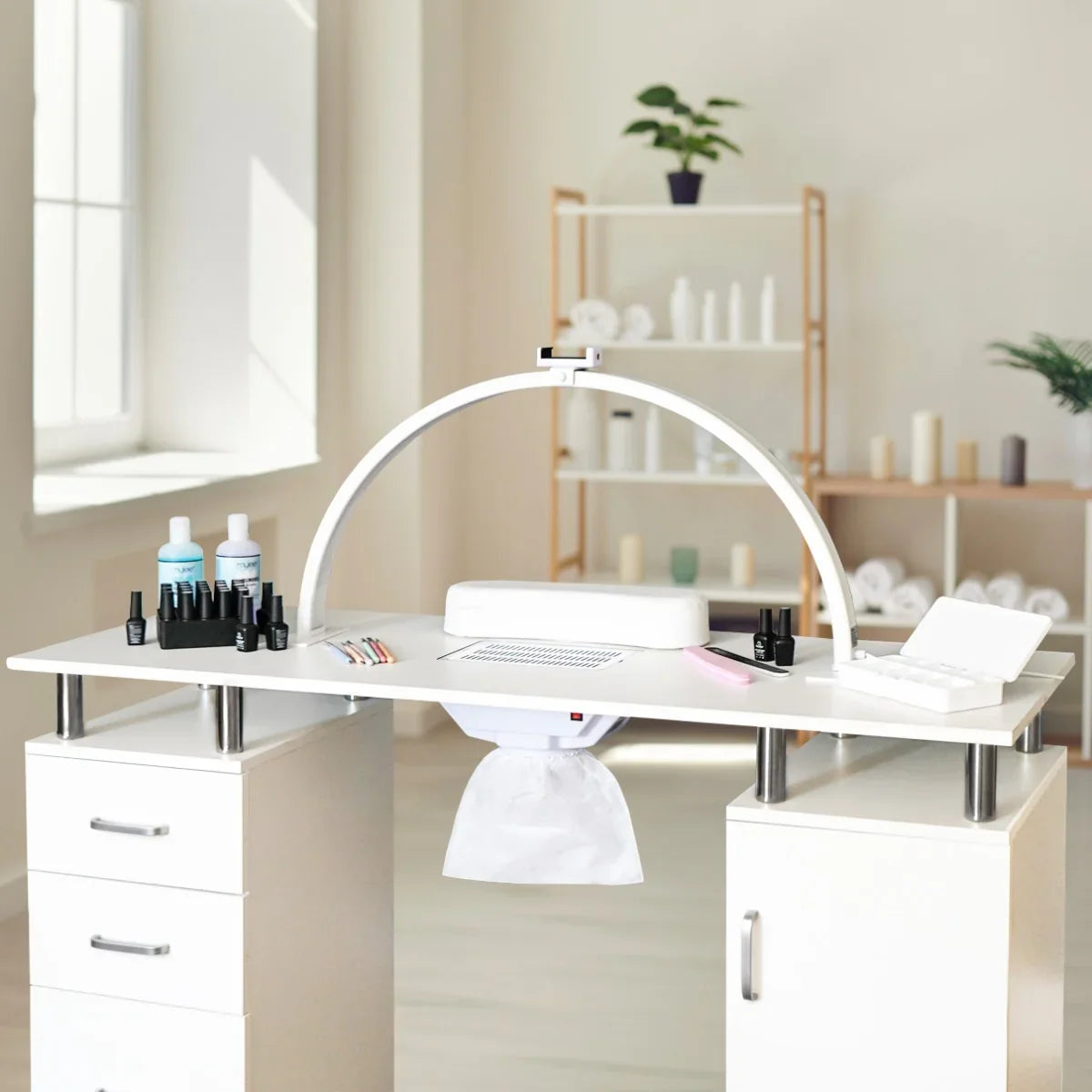 LED Half Moon Lamp with a sleek white design, soft glow, and modern arch shape, illuminating a stylish workspace with beauty products