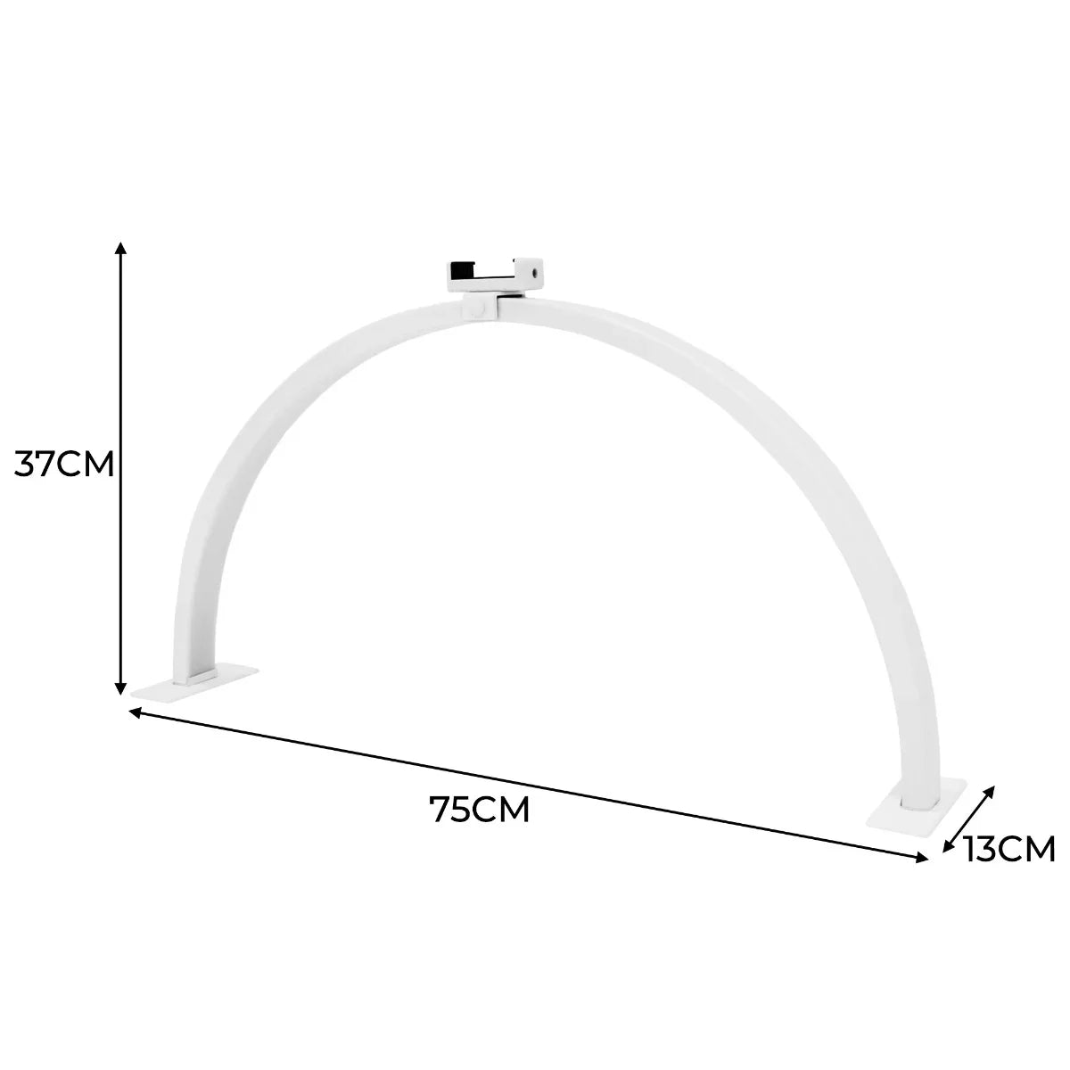 Sleek white LED half moon lamp with a curved design, measuring 75cm wide and 37cm tall, perfect for modern decor
