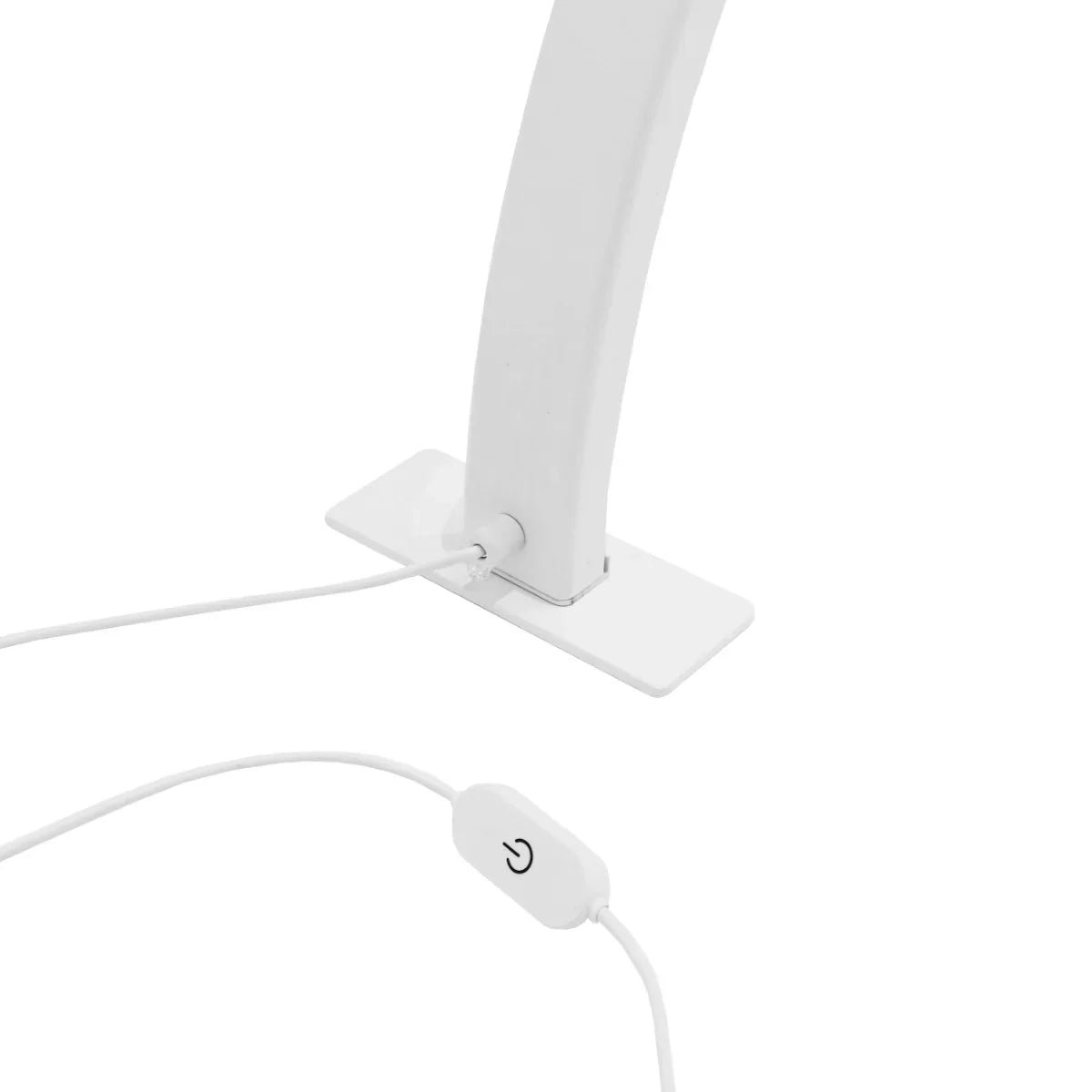 Sleek white LED Half Moon Lamp with a curved design, featuring a minimalist base and a convenient on/off switch for easy use