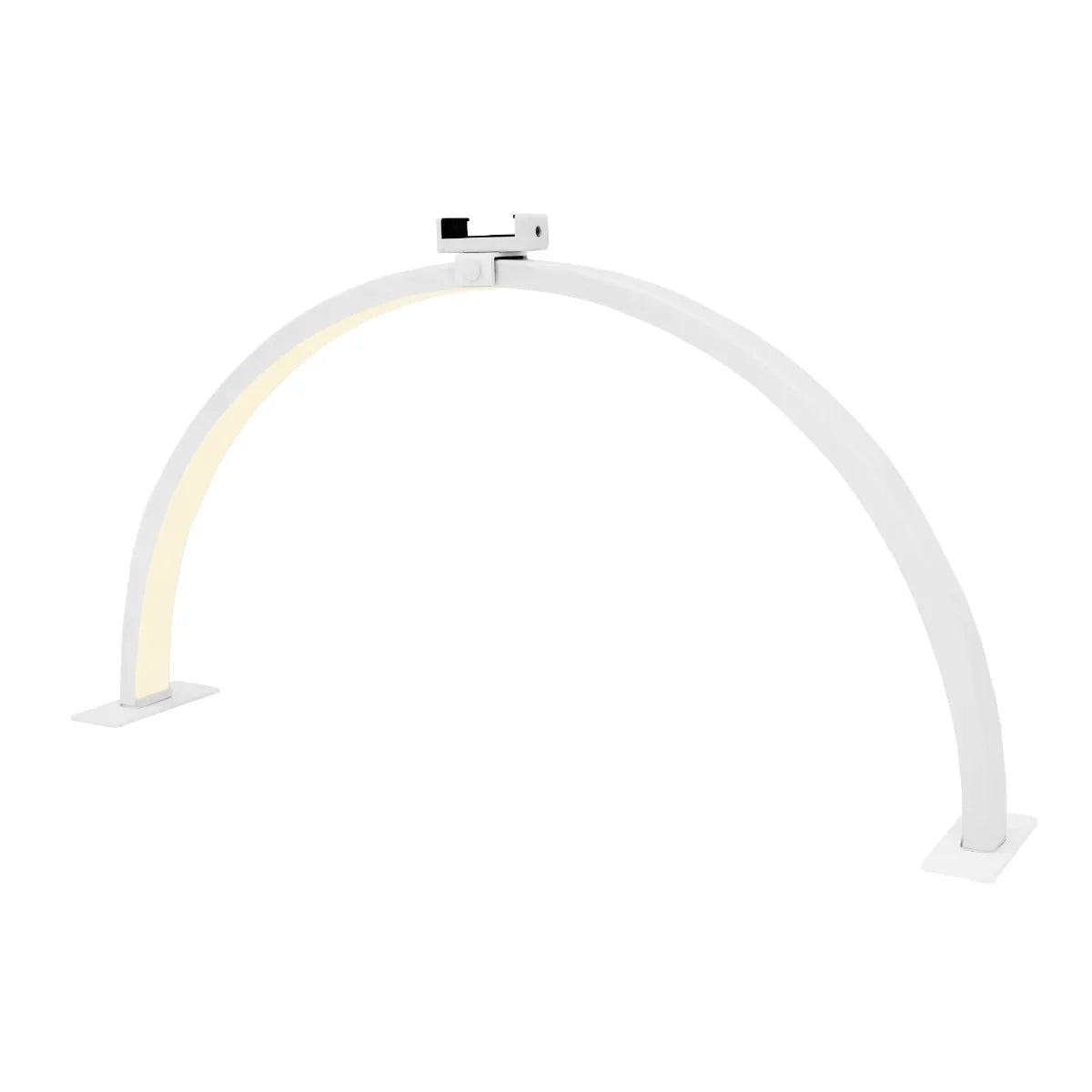 Sleek white LED half moon lamp with a curved design, soft warm light, and sturdy base, perfect for modern home decor