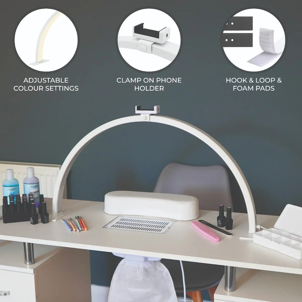 LED Half Moon Lamp with adjustable color settings, white arch design, and clamp for phone holder, perfect for workspace lighting