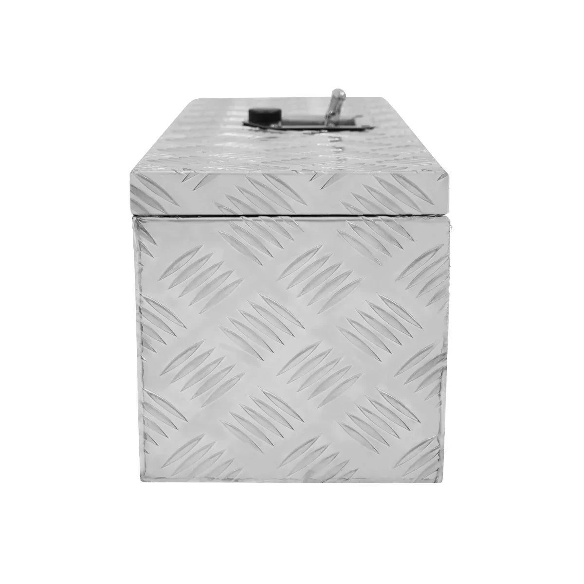 Small 35L aluminum tool box with a diamond plate texture, featuring a secure latch and a sleek silver finish for durability