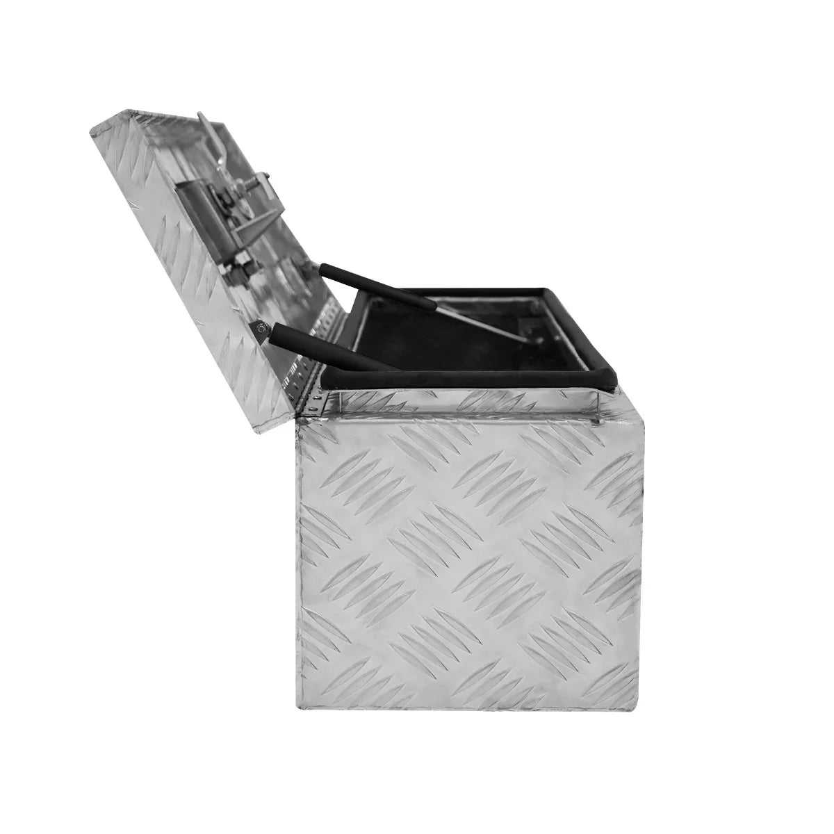 Aluminium tool box 35L in a small size with a textured diamond plate design, featuring an open lid and sturdy black handles