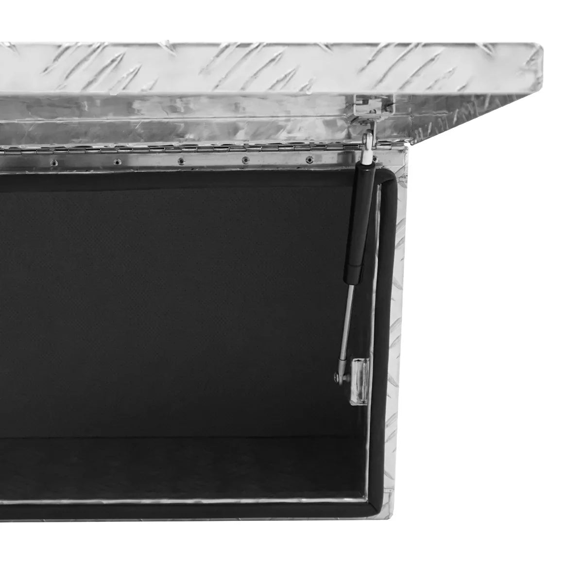 Large 70L aluminum tool box with a textured silver exterior, open lid, and black interior, showcasing ample storage space and sturdy construction