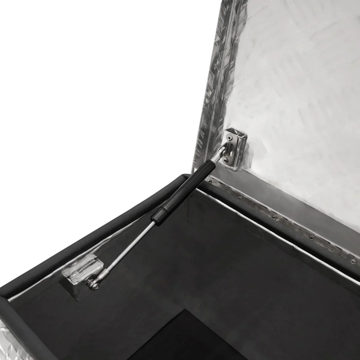 Large 70L aluminium tool box with a textured silver exterior, gas strut opening, and spacious black interior for tools and equipment