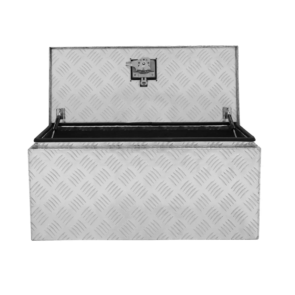 Large 70L aluminum tool box with a diamond plate texture, featuring a secure latch and spacious interior for tools and equipment