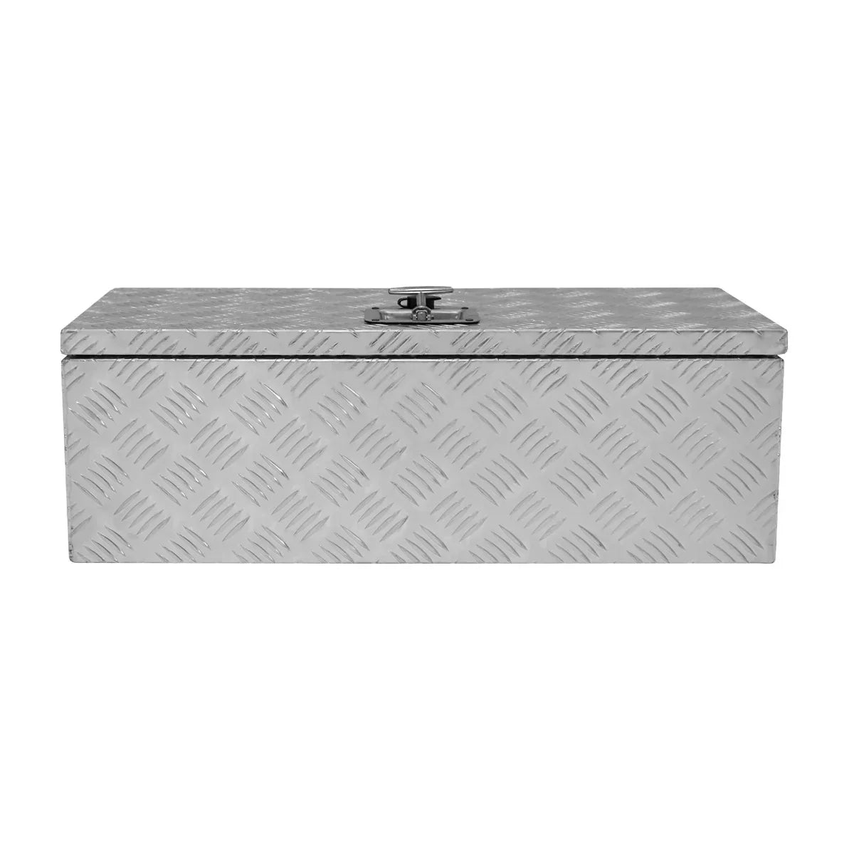 Aluminium tool box 60L in silver with a diamond plate texture, featuring a secure latch and a sturdy, rectangular design