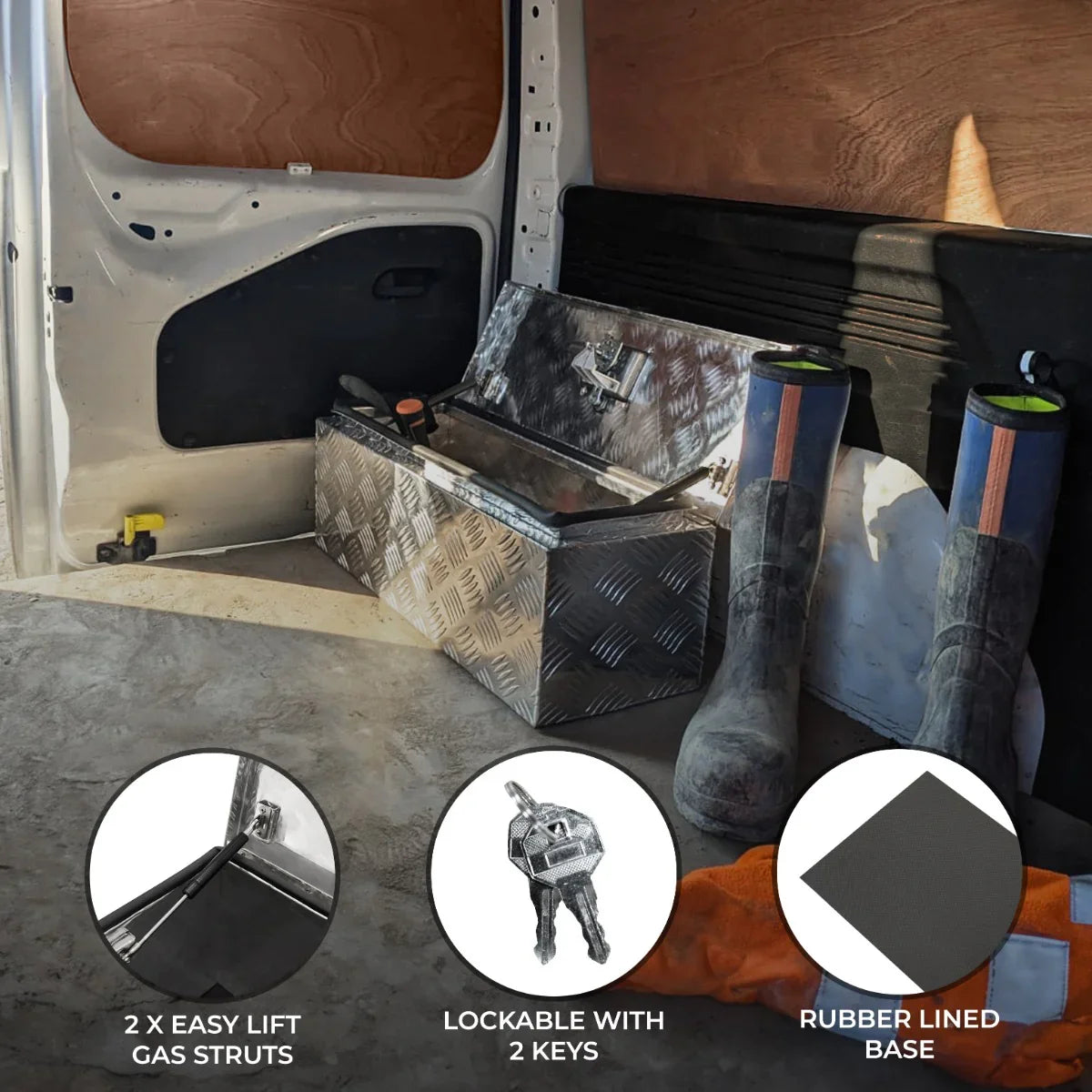 Aluminium tool box 60L in a van, featuring a diamond plate finish, lockable with two keys, and a rubber-lined base for stability
