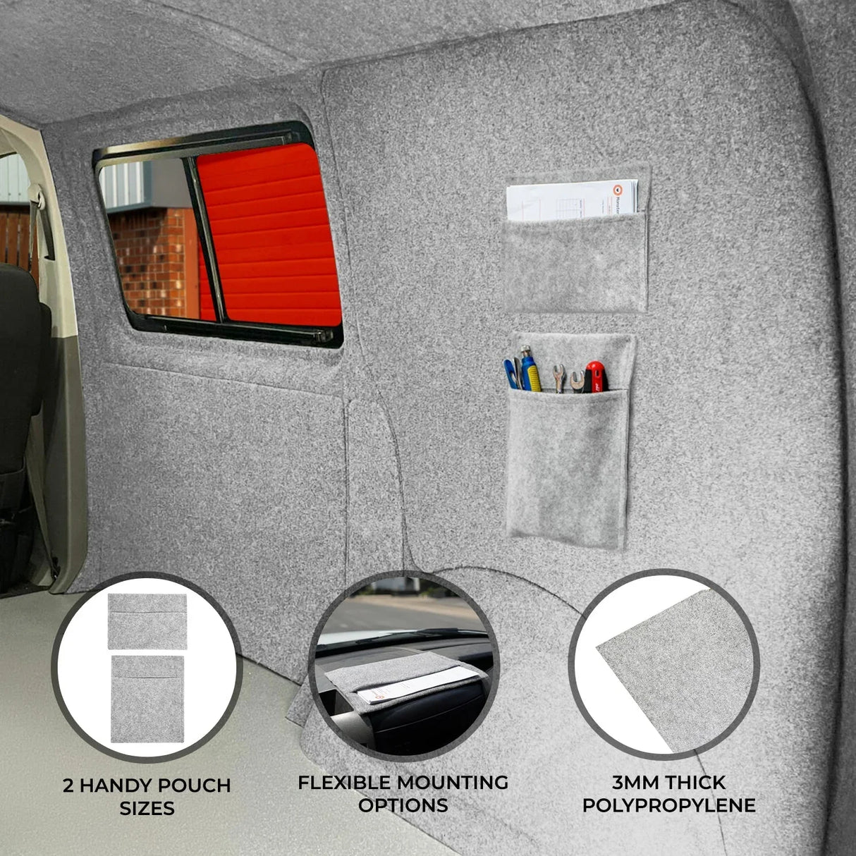 Silver grey storage pouches made of 3mm thick polypropylene, featuring two sizes and flexible mounting options for organization