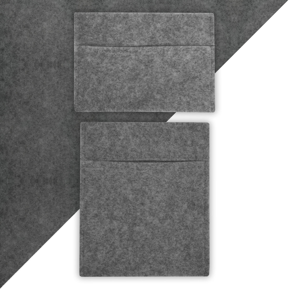 Smoke grey storage pouches made of soft felt, featuring a sleek design with two pockets for organized storage solutions