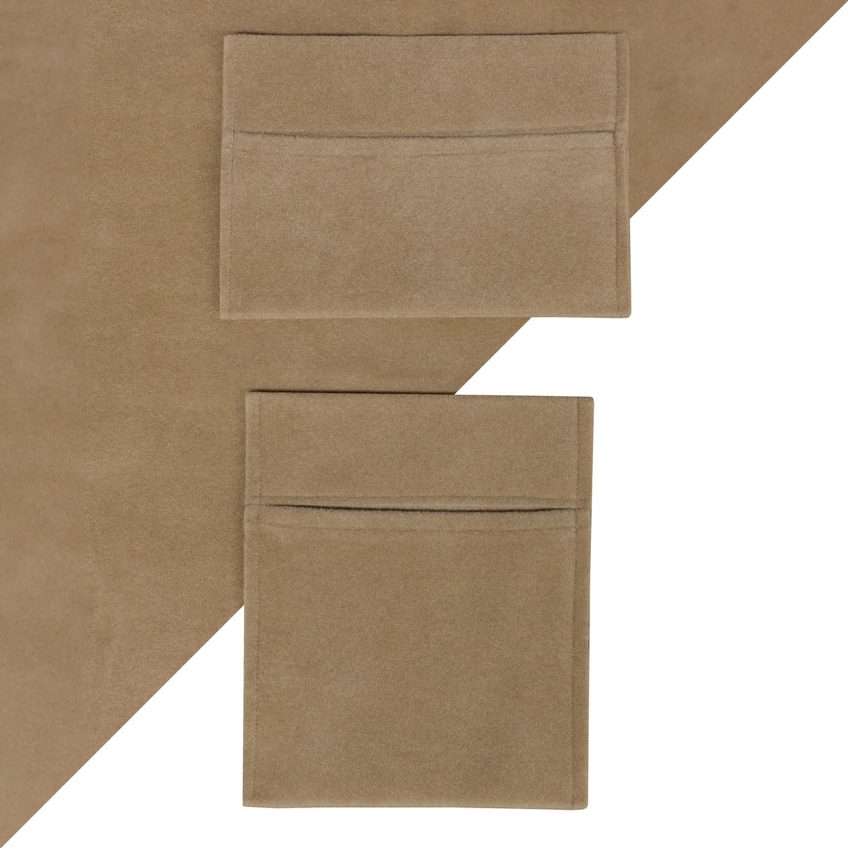 Beige storage pouches made of soft fabric, featuring a smooth texture and two front pockets for organization and convenience