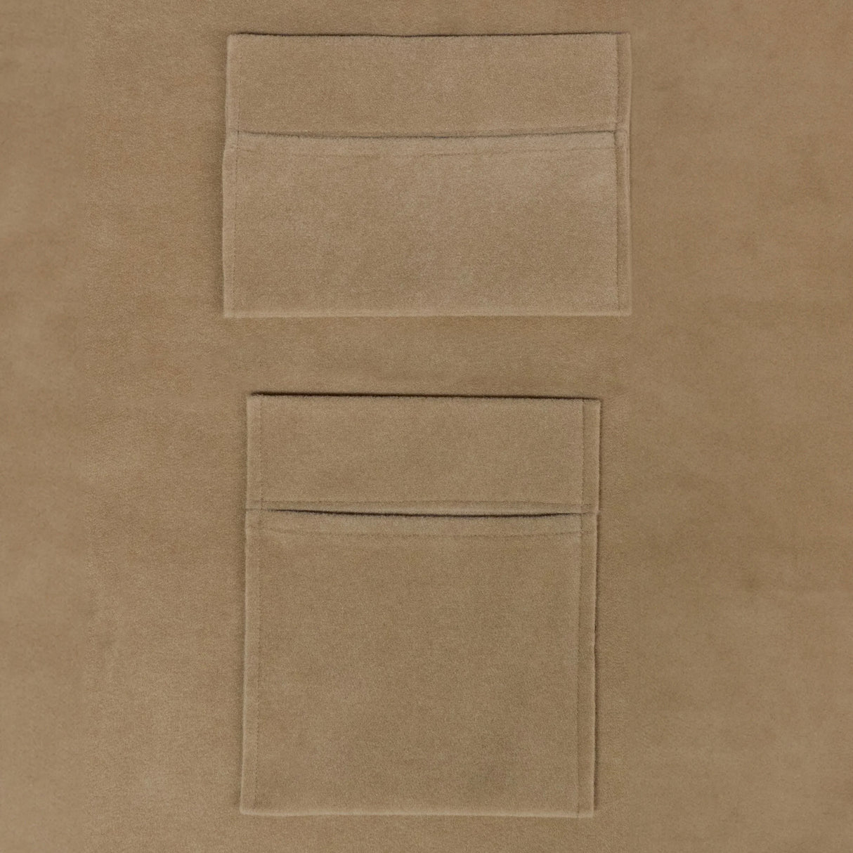 Beige storage pouches with soft suede texture, featuring two front pockets for easy organization and accessibility