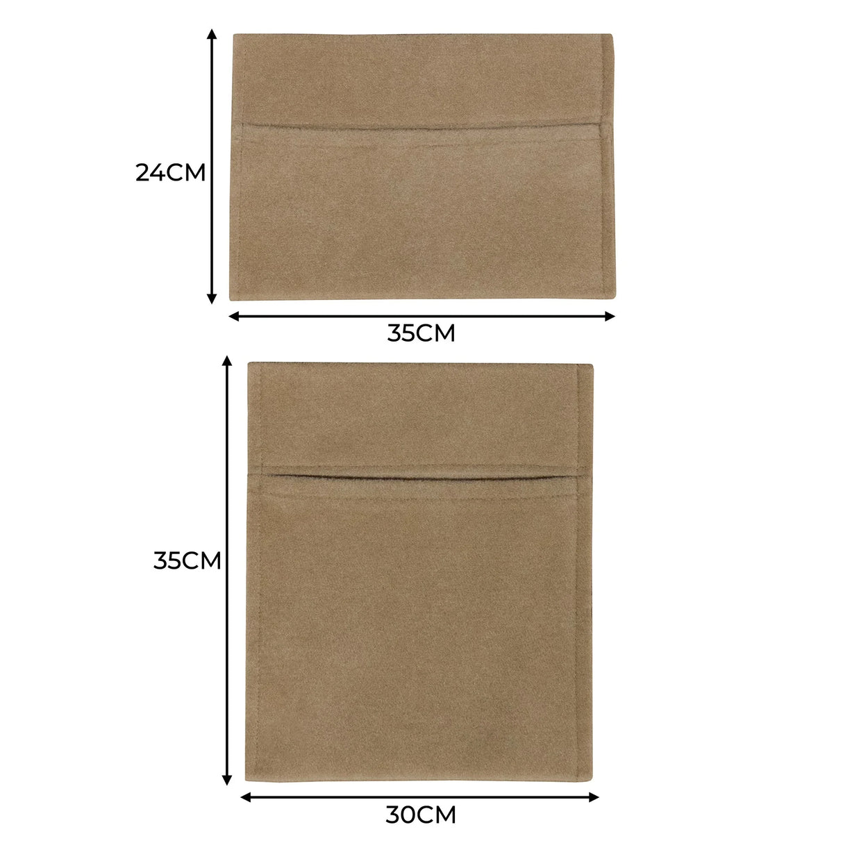 Beige storage pouches with a soft texture, featuring two pockets, measuring 24cm by 30cm and 35cm by 35cm for versatile organization