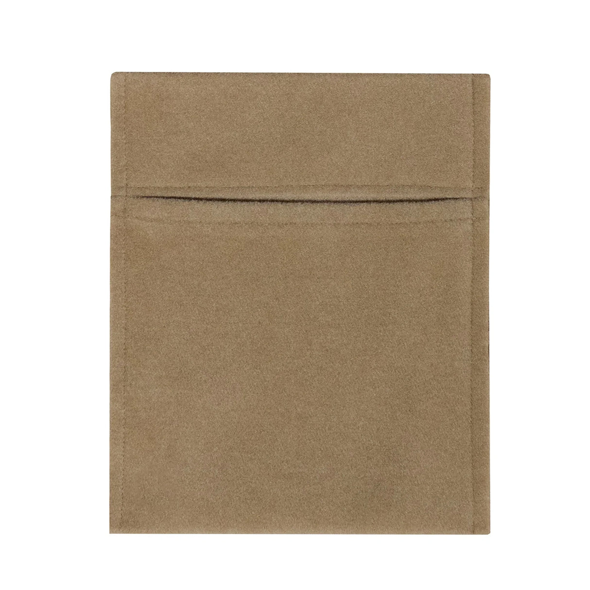 Beige storage pouch made from soft, durable fabric featuring a sleek design and a convenient front pocket for easy access