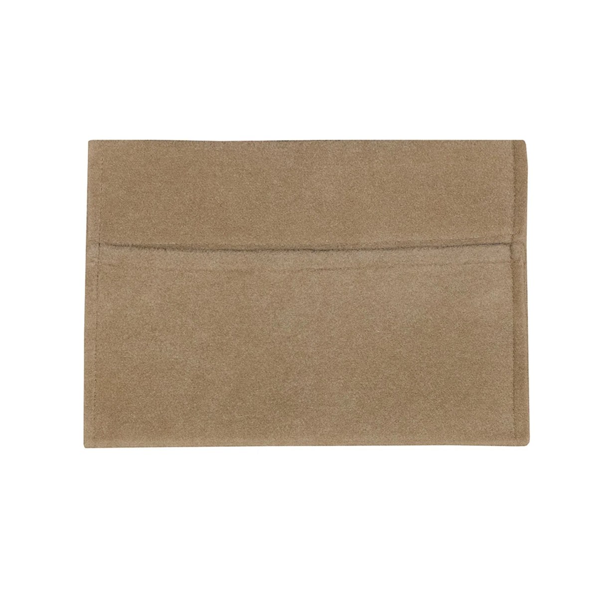 Beige storage pouch made from soft fabric, featuring a sleek, minimalist design with a single front pocket for easy organization
