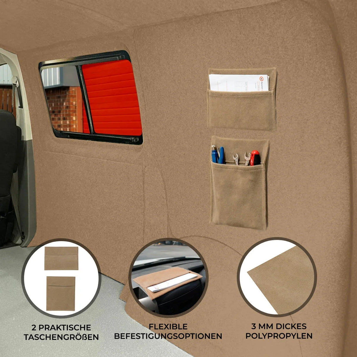Beige storage pouches made of 3mm thick polypropylene, featuring multiple pockets for organization, ideal for vehicle interiors