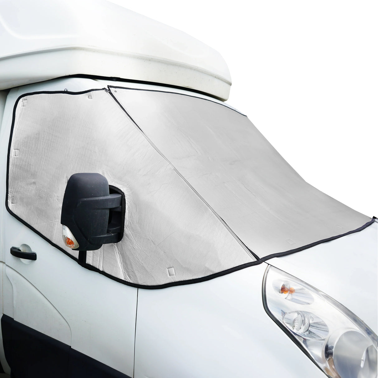 Motorhome screen cover in silver, designed to fit snugly over the windshield, providing sun protection and privacy for travelers