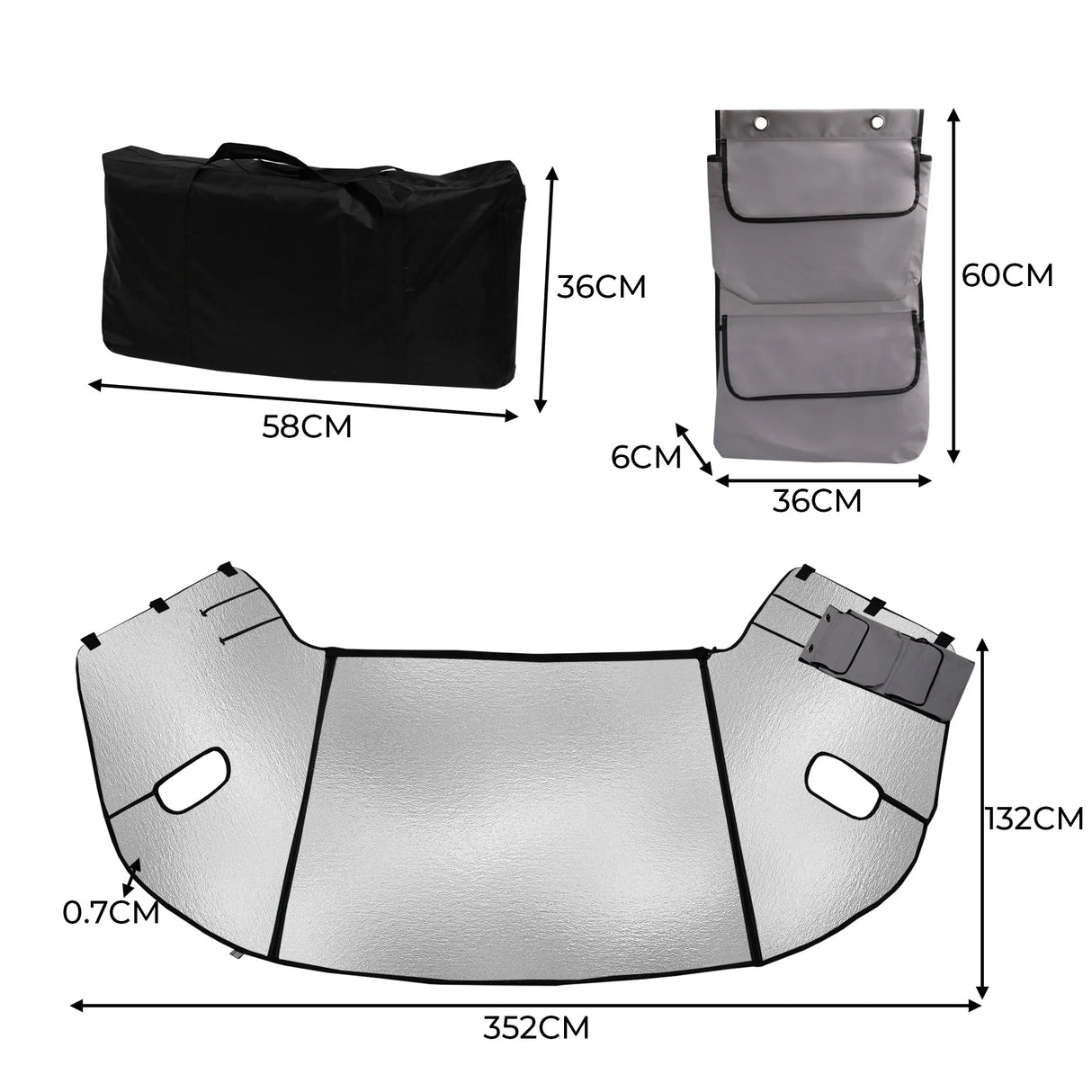Motorhome screen cover in silver with black trim, measuring 352cm wide, includes storage bag and three pockets for organization
