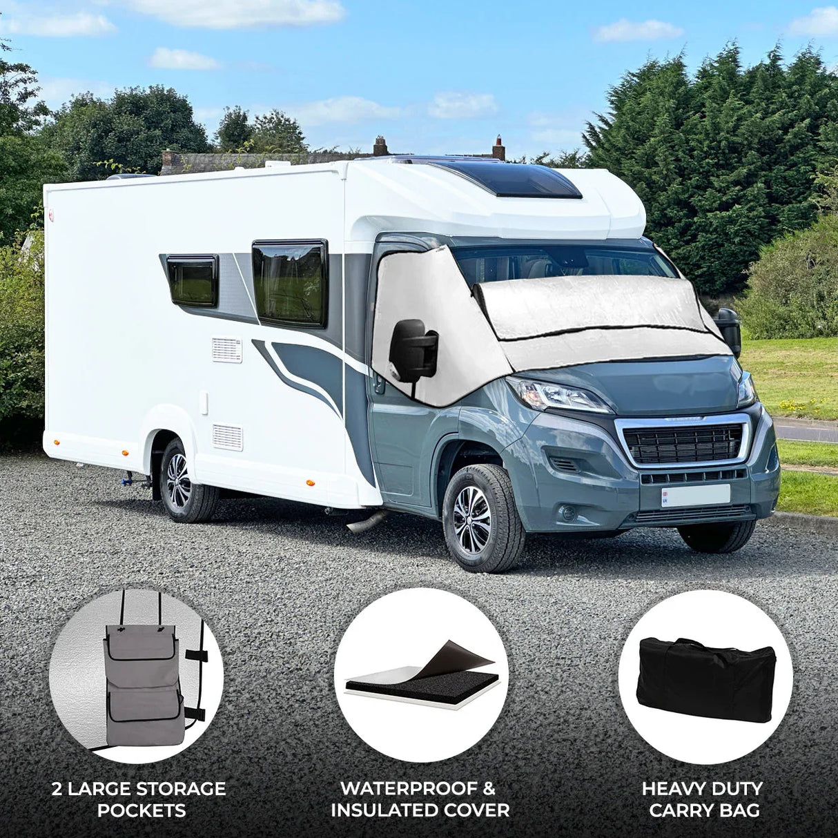 Motorhome screen cover in gray with waterproof, insulated fabric, featuring two large storage pockets and a heavy-duty carry bag