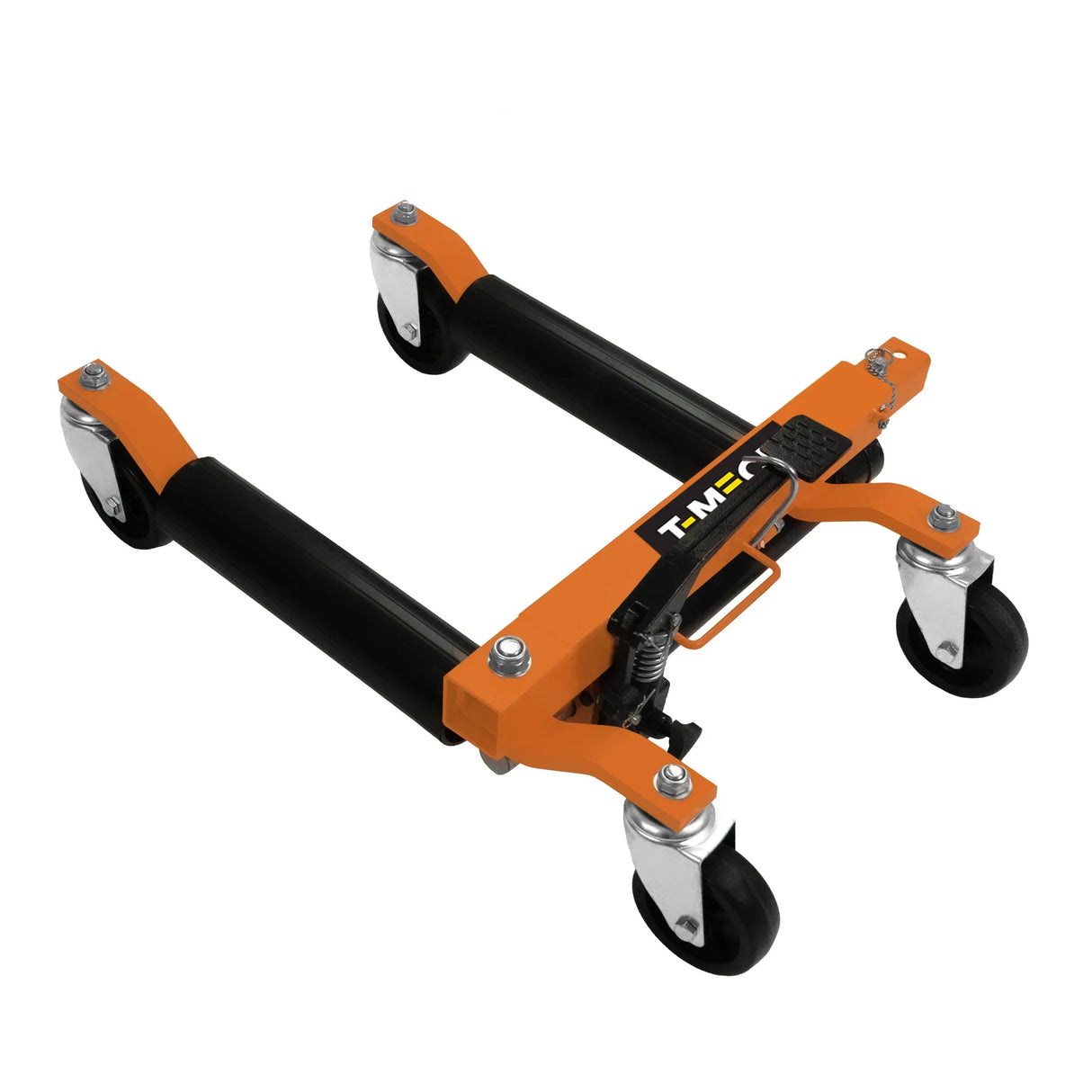 Hydraulic positioning skates pair with orange frame, black rollers, and sturdy wheels for easy maneuvering of heavy loads