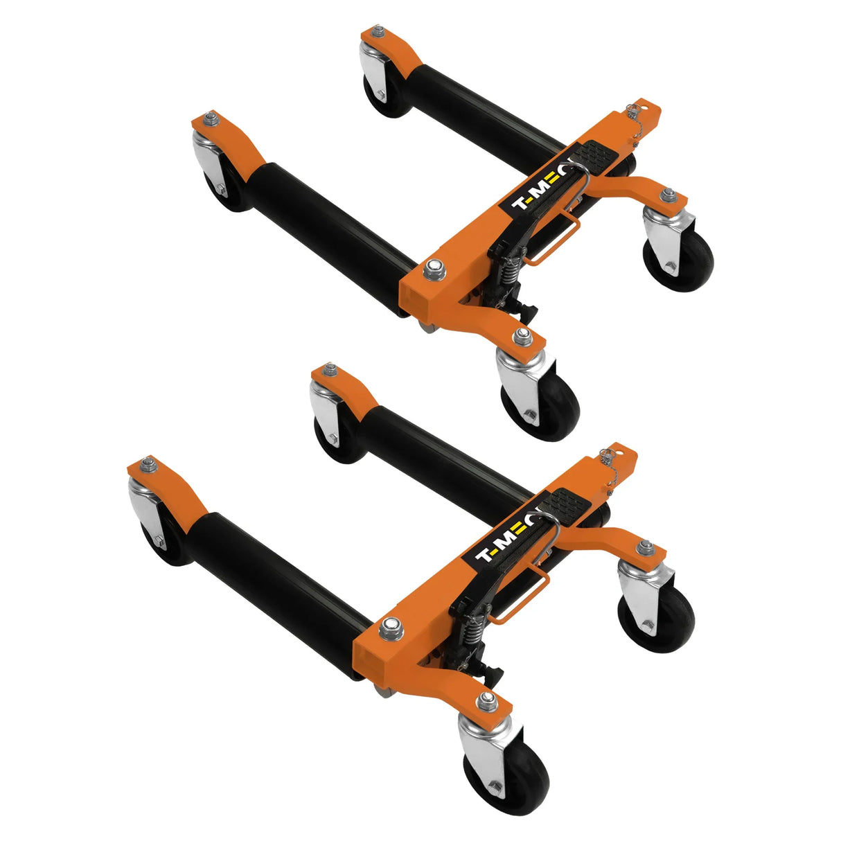 Hydraulic positioning skates pair with sturdy black rollers, orange frame, and adjustable width for easy maneuverability of heavy objects