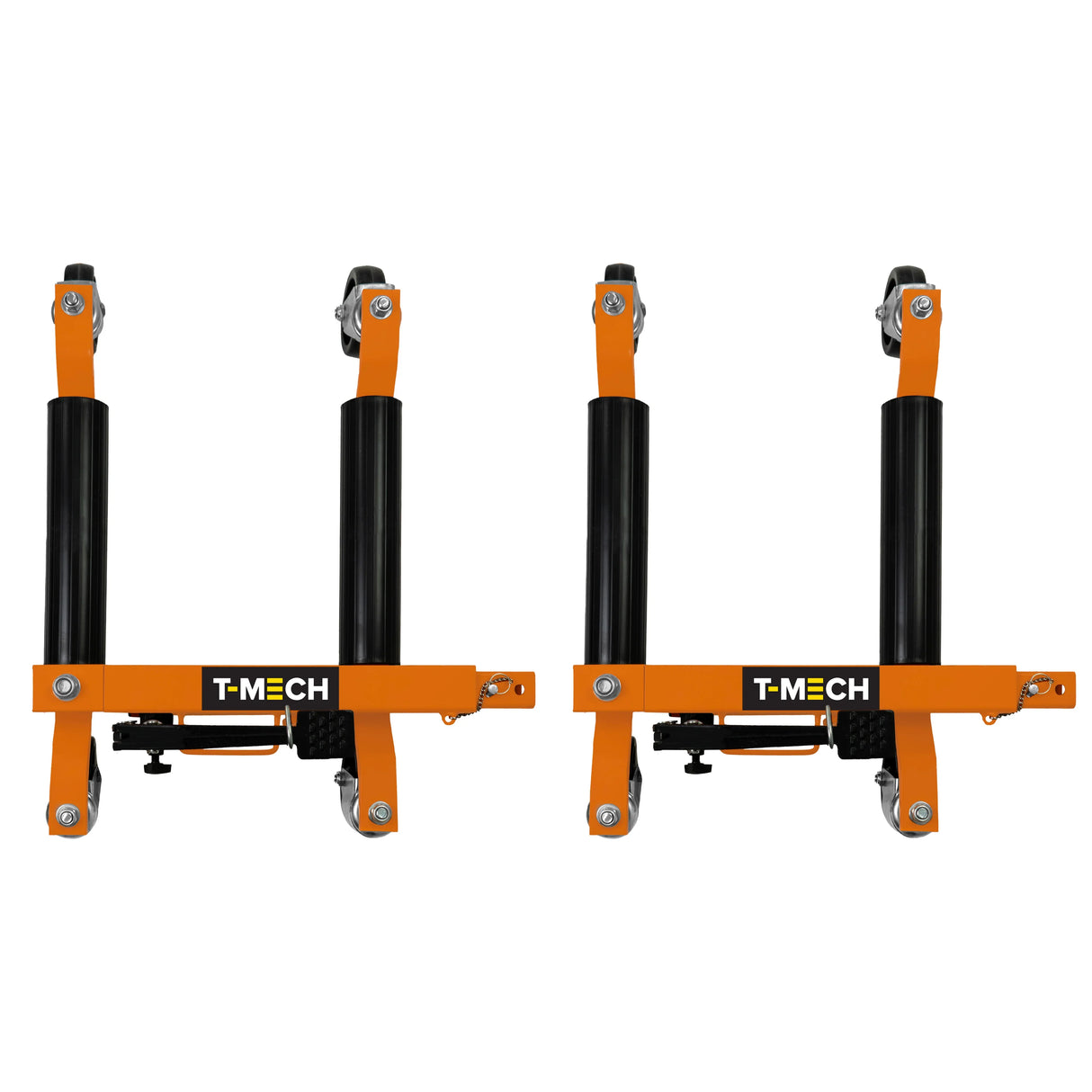Hydraulic positioning skates pair with sturdy black rollers and bright orange frames, designed for easy maneuvering of heavy loads