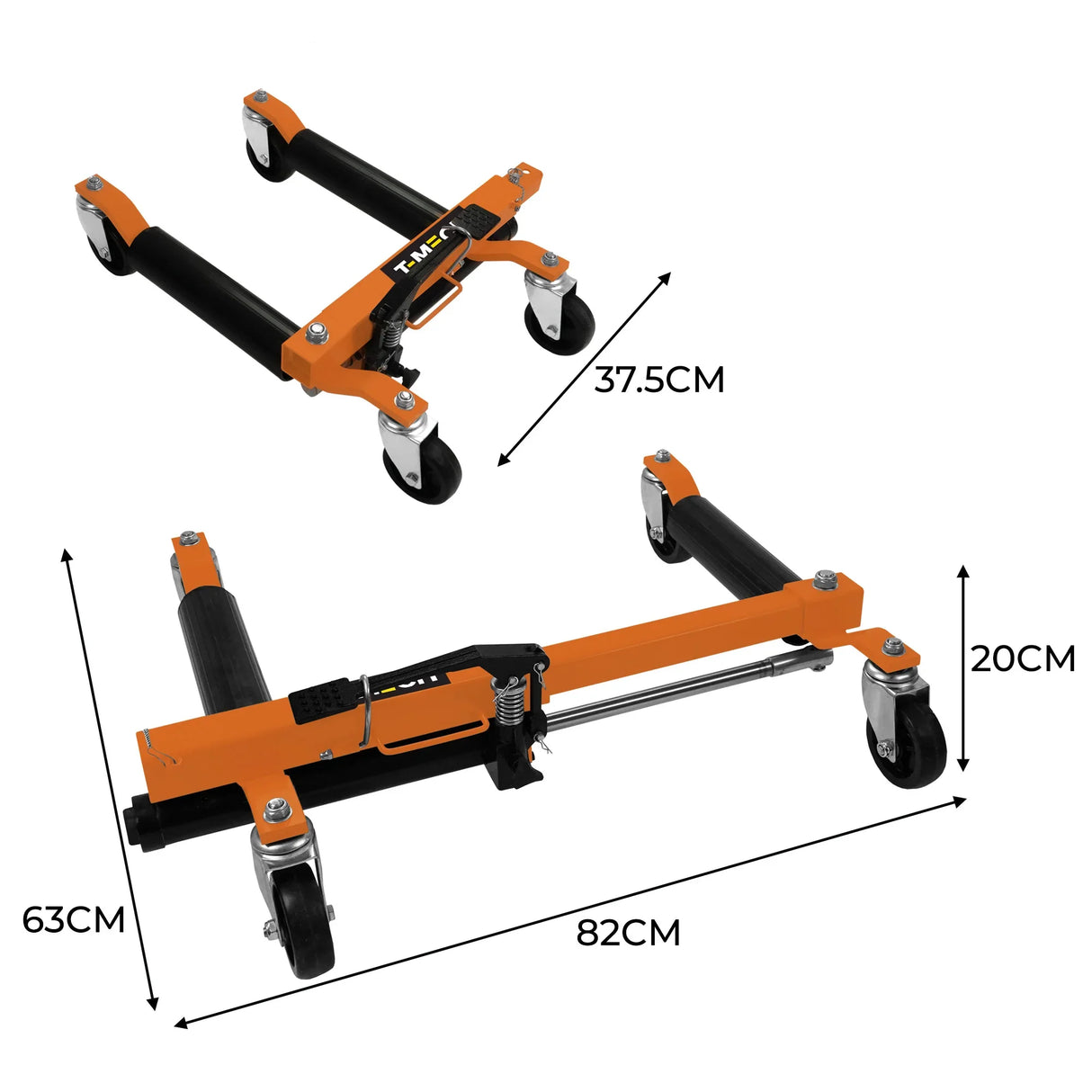 Hydraulic positioning skates pair in orange and black, featuring durable wheels, adjustable width, and a sturdy frame for easy maneuverability