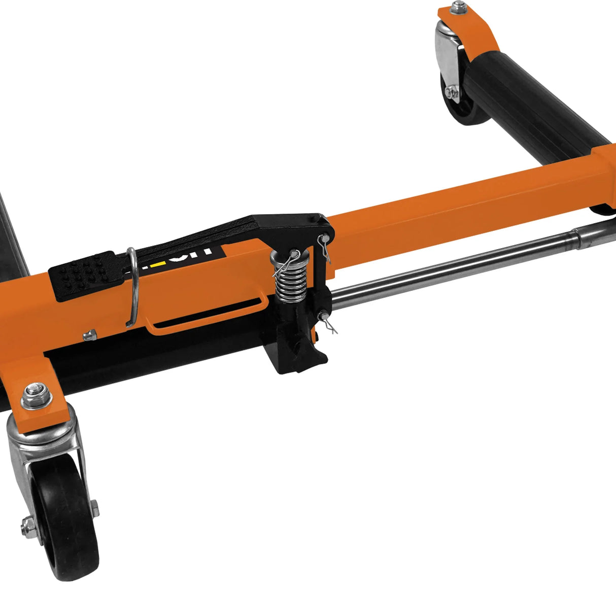 Hydraulic positioning skates pair with durable black wheels, sturdy orange frame, and adjustable lever for easy maneuverability