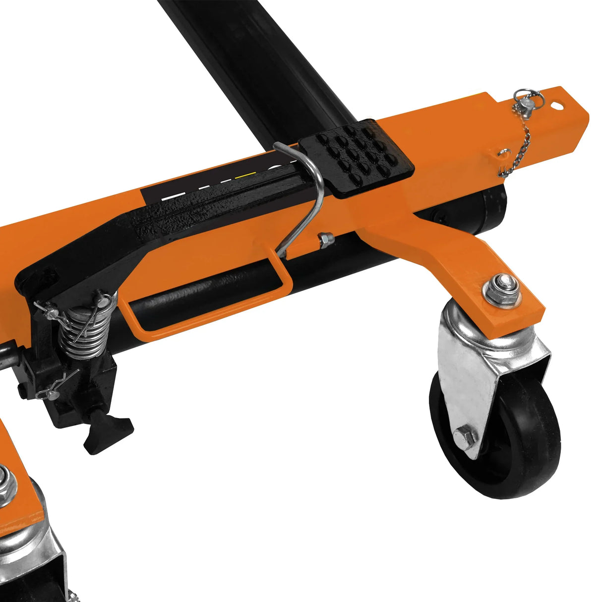 Hydraulic positioning skates pair with durable orange frame, rubber wheels, and adjustable locking mechanism for easy maneuverability