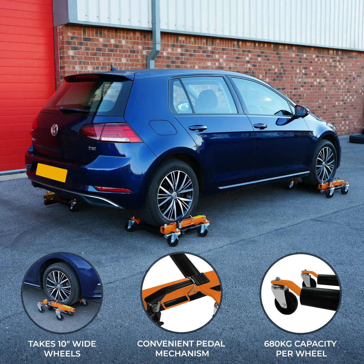 Hydraulic positioning skates in use under a blue car, featuring orange wheels, sturdy metal frame, and pedal mechanism for easy maneuvering