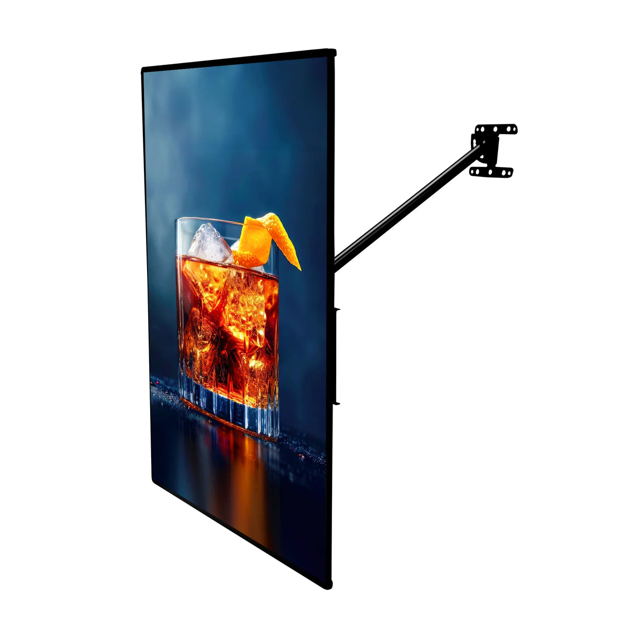 A1 LED advertising poster light box with a vibrant cocktail image, featuring a sleek black frame and adjustable wall mount arm