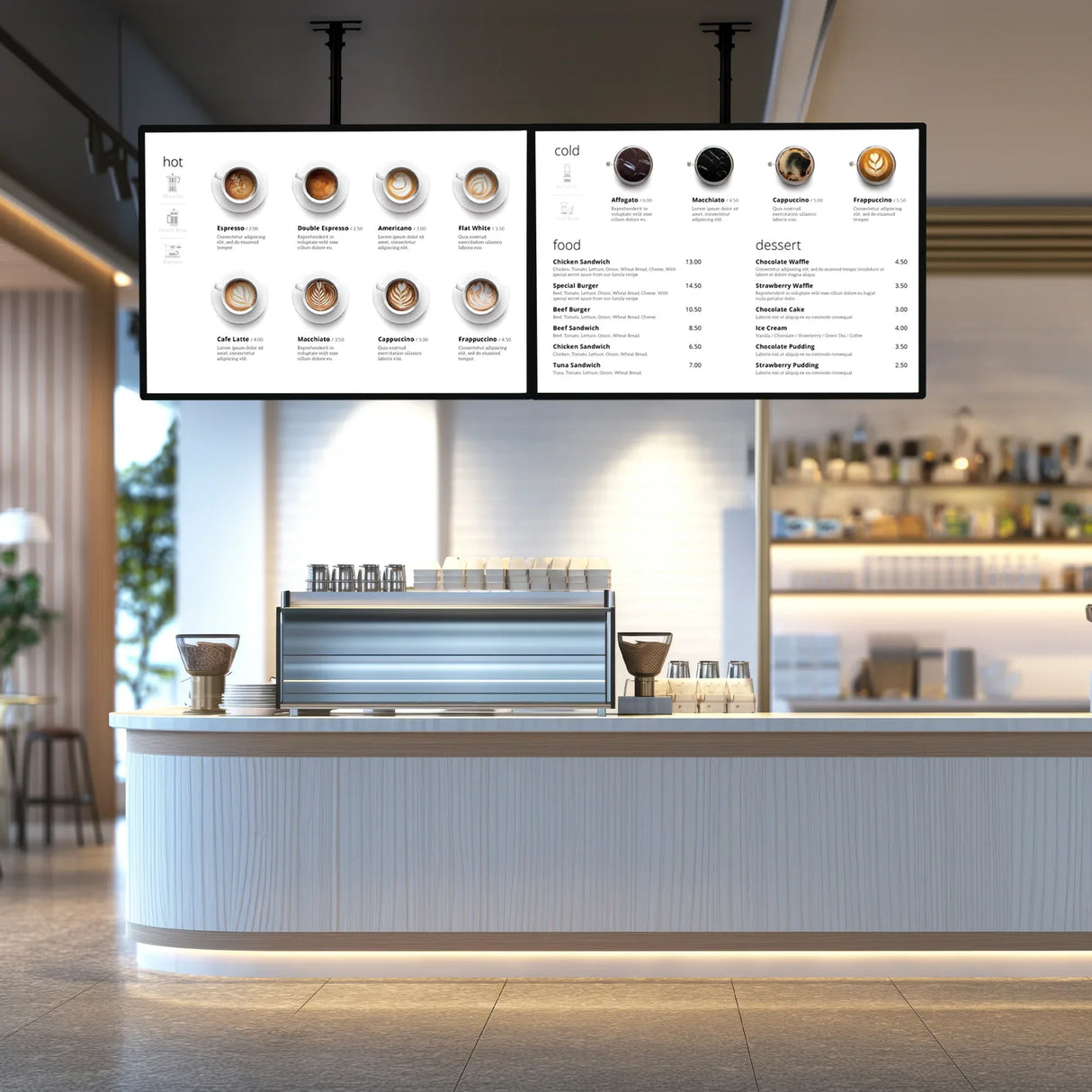 LED Advertising Poster Light Box A1 displaying a menu with hot and cold beverages, featuring a sleek design and vibrant graphics