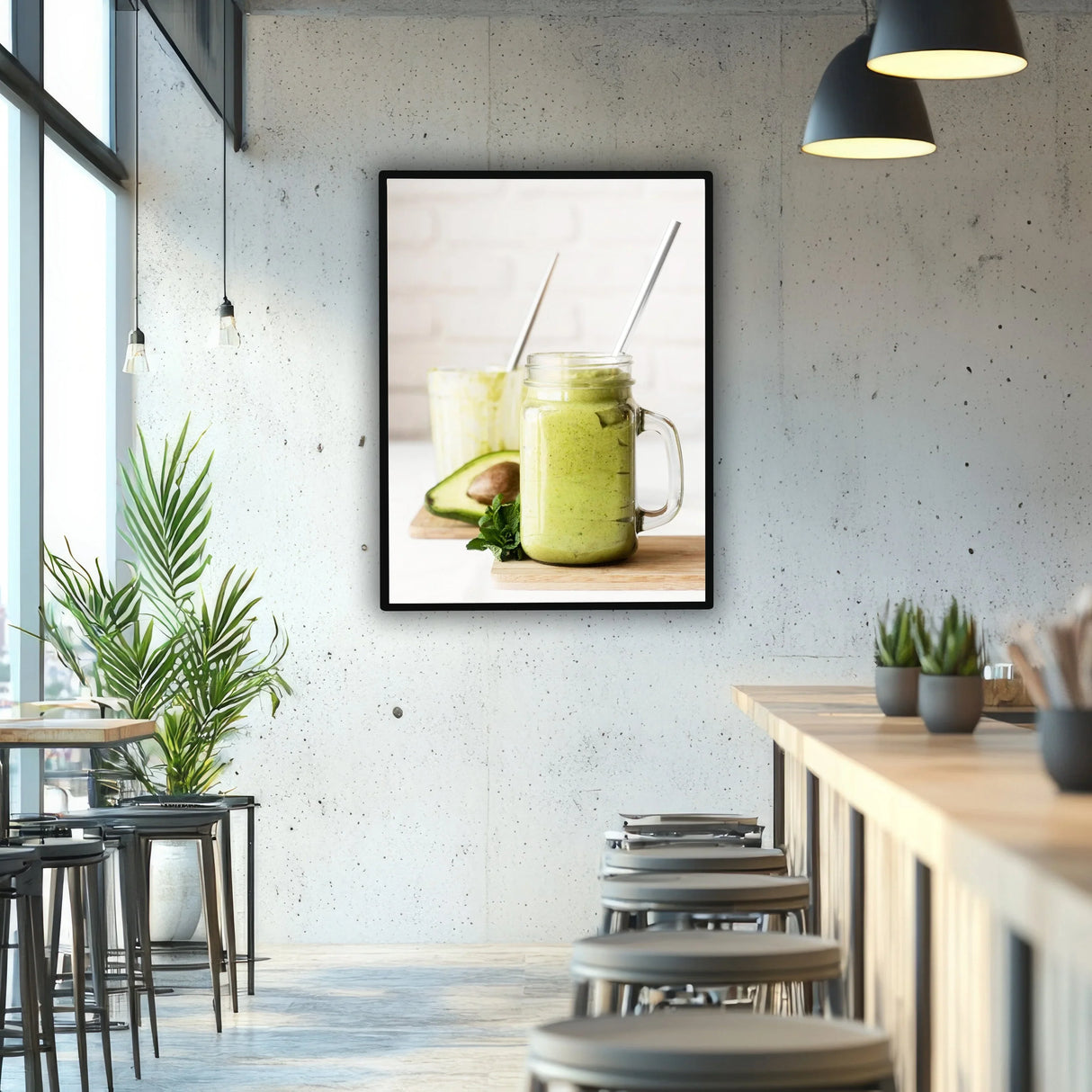 LED Advertising Poster Light Box A1 displayed in a modern café setting, featuring vibrant green smoothie images in glass jars