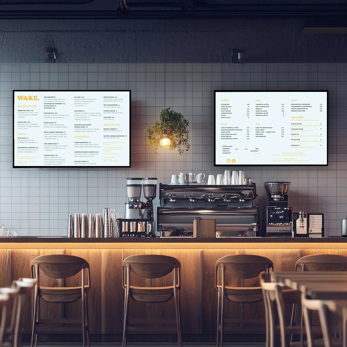 Bright LED advertising poster light box displaying a menu in a modern café setting, featuring black frames and clear text on a white background