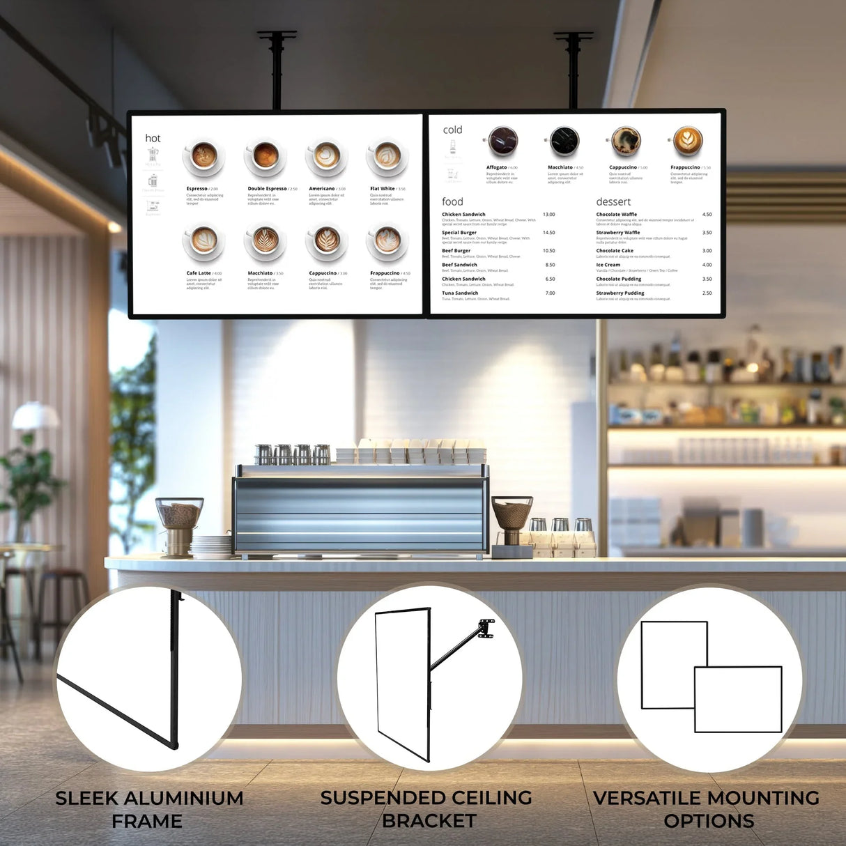 Sleek A1 LED advertising poster light box with a black aluminum frame, showcasing a menu in a modern café setting, versatile mounting options