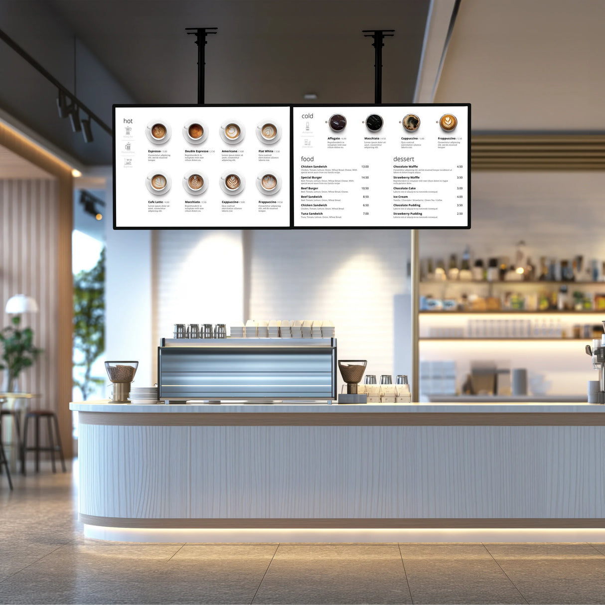 LED advertising poster light box in A2 size, featuring a sleek black frame, displaying a modern menu with clear text and icons