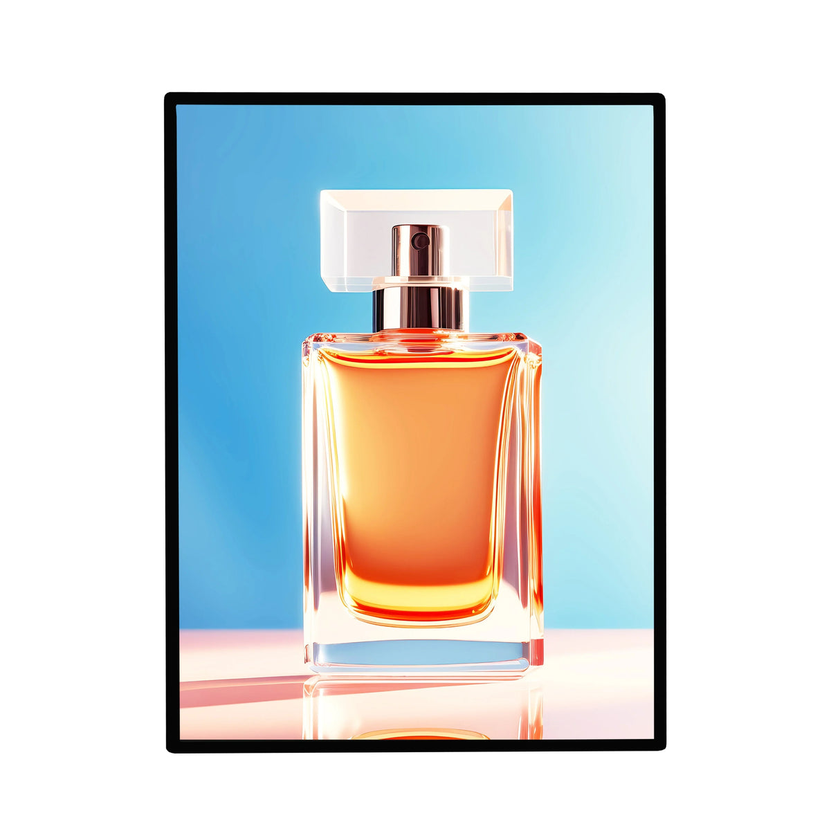 LED Advertising Poster Light Box A2 featuring a sleek, illuminated frame showcasing a vibrant, amber perfume bottle against a gradient blue background